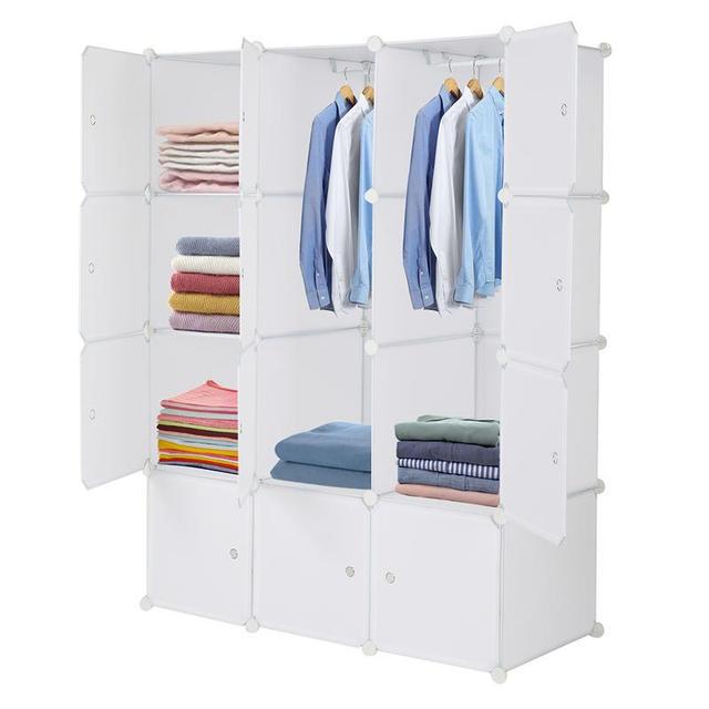 TEMU Armoire Blanche Spacieuse avec 12 Étagères et 2 Rails de Suspension, 42"x18.5"x56" - Organisateur Polyvalent pour Toute Pièce, Aucun