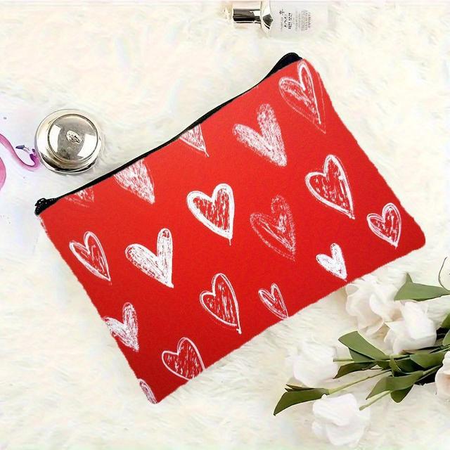 TEMU 1pc Valentine's Day Themed Heart Print Makeup Bag - Unisex Zippered Toiletry Pouch, Portable Travel Cosmetic Bag With Durable Zipper Closure, Romantic Gift Bag Suitable For Valentine's Day
