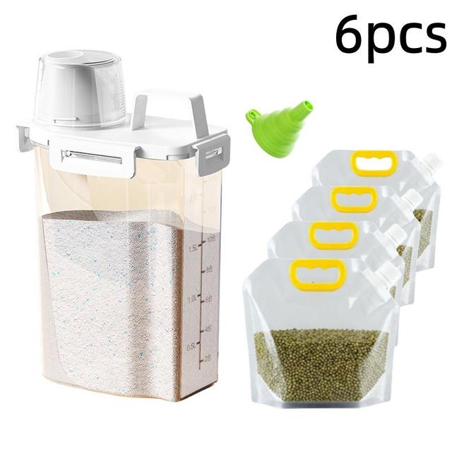 TEMU Set Of 6 (1pc 2.5l Grain Storage Bucket + 4pcs 1.5l Grain Storage Bags + 1 Mini Funnel) Kitchen Storage Collection With Airtight Food Containers And Lids, Perfect For Storing Grains, Nuts, Flour