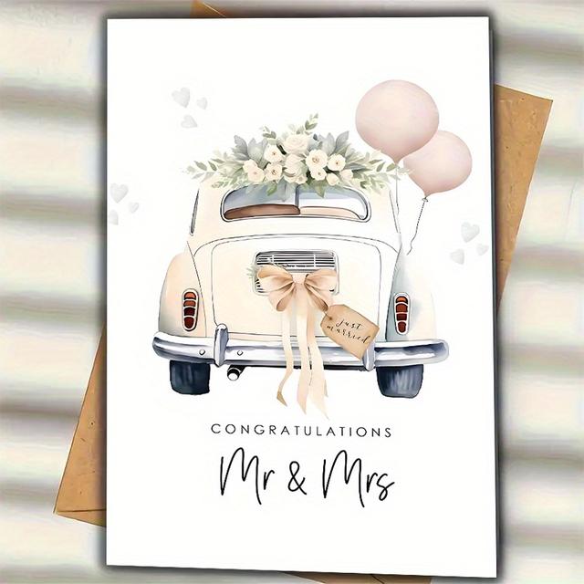 TEMU 1pc Vintage Car Wedding Congratulations Card – "mr. & Mrs." Design With & Balloons, Spring Celebrations, Ideal Gift For Couples, , And Famil