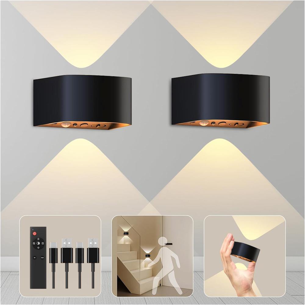TEMU Motion Sensor Wall Light 3 Colors Wireless Wall Lamp Led Indoor Up And Down Wall Sconce 4000mah Rechargeable Battery Powered Wall Lamps Brightness Adjustable, Black 2 Pack