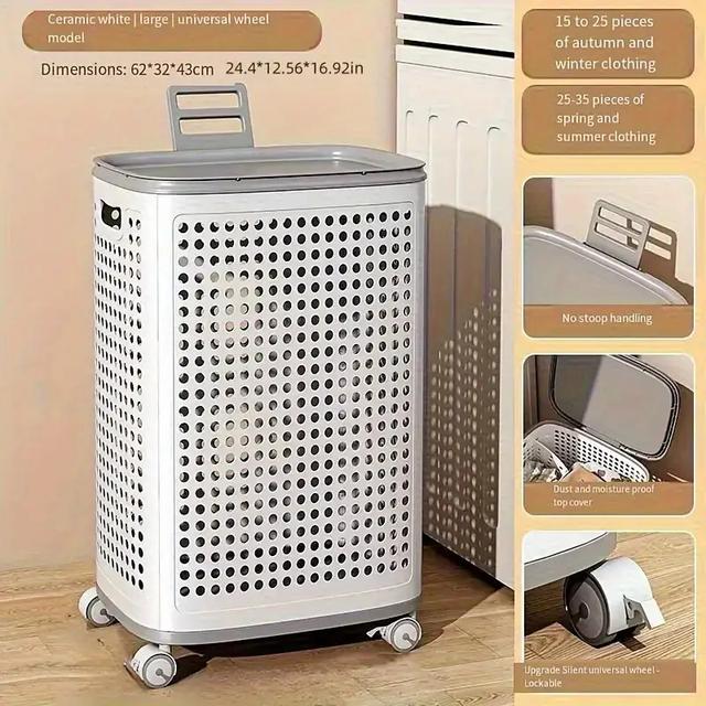 TEMU سلة غسيل متينة بعجلات مع غطاء تهوية و4 عجلات - سعة كبيرة باللون الأبيض والرمادي، تصميم قابل للتوسيع/التعديل للسكن الجامعي، الحمام، تنظيم تخزين الغرفة (سلة سهلة التنظيف ومتينة)، سلال الغسيل