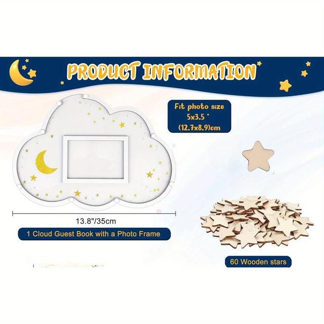 TEMU A Unique Guestbook Alternative For A Baby Shower, Featuring Decorations That A Photo Frame And A Wooden Cloud-shaped Cutout, Ideal For A Centerpiece At The 'we Wait' Baby Shower Reception Table.