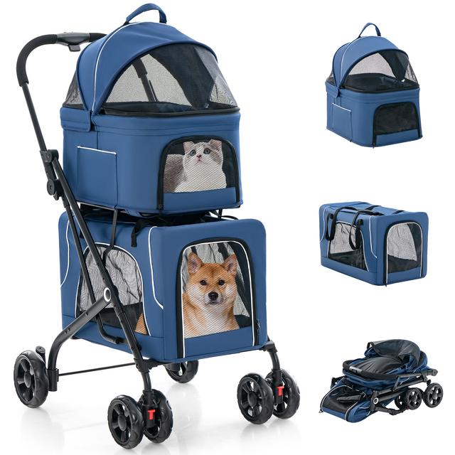 TEMU Costway 3-in-1 Pet Stroller, Stroller With 2 Detachable Carriers, Adjustable Canopy, Storage Pocket, Removable Pad & Folding Metal Frame, 4-wheel Puppy Strolling Cart For