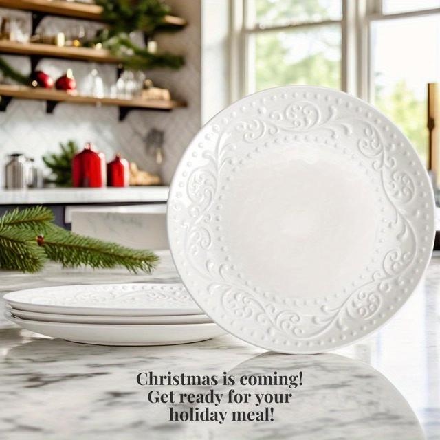 TEMU 4pcs Artena Elegant Dinner Plates Set - 8.25"/10.75'' Embossed White Porcelain For Salads, Desserts & More - Microwave & Dishwasher Safe - Perfect For Weddings, & Holidays