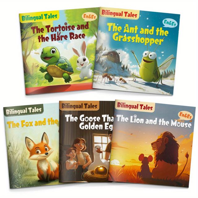 TEMU Fables bilingues pour enfants en anglais et en espagnol | Histoires morales classiques avec des animaux mignons | Ensemble de 5 livres | Apprentissage précoce