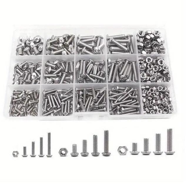 TEMU 500pcs M3 M4 M5 Screw Bolts Nuts & Washer Set Hex Head Cap Stainless 304 Stainless Steel Screw Socket Button Head Screws, Bright , Fully Threaded