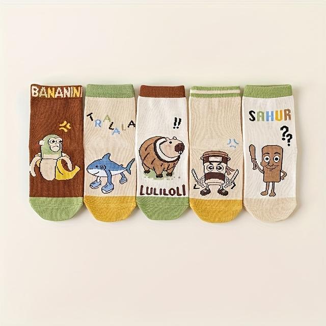TEMU 【5足セット】可愛い漫画風ミドル丈ソックス | 柔らかく通気性抜群、秋冬向け。楽しいキャラクターと動物のデザイン。快適な普段使い、男女兼用。（サメ）/古典的な中国神話をモチーフにしたソックス