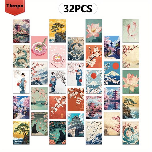TEMU 32枚セット、日本風ド、桜と富士山のエキゾチックな、誕生日ギフト、記念日のプント、寝室装飾用リビンデコレーションステッカー、テーマ別/デコレーション/グリーティングカード/ド、厚手のカーディ、高精細印刷、収集価値のある贈り物、壁用デカール、思い出に残る品、郵送可能