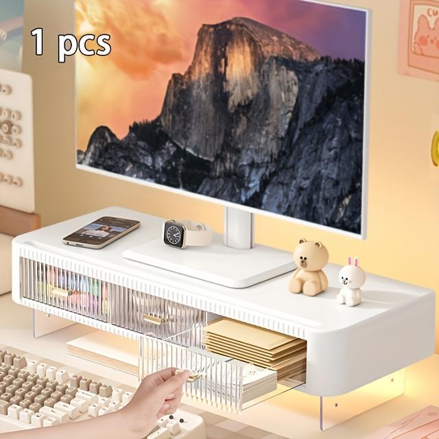 TEMU Faridabio 1pc Functional And Chic Plastic Monitor Stand With Adjustable Height And 3 Drawers For Office Arrangement. Shipping