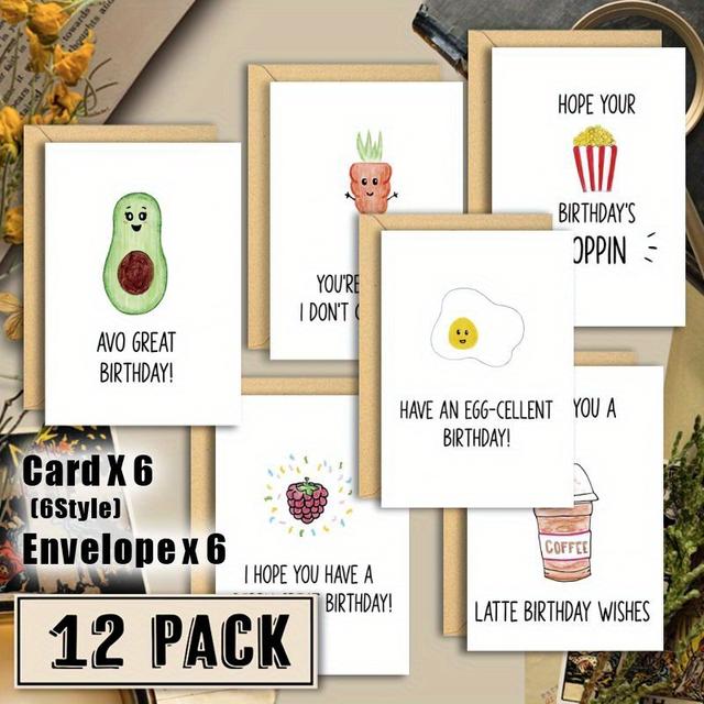 TEMU A Set Of 12 Humorous Pun Birthday Cards Featuring Watercolor Food Illustrations, Complete With Envelopes, Ideal For And For Family