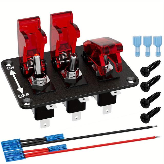 TEMU 3 Gang Led Light Toggle Switch 3 Pin Rocker Switch Panel With Switch Aircraft Cover Heavy-duty On Off Switch Plate Cables Terminals For Car, Without Battery