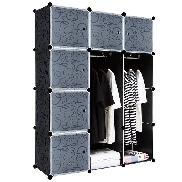 TEMU Garde-robe Simple 'Étagères Noir en Plastique à Montage Facile, Garde-Robe avec Porte et Étagères Amovibles (12 Cubes, 2 à Vêtements), Penderies Portables