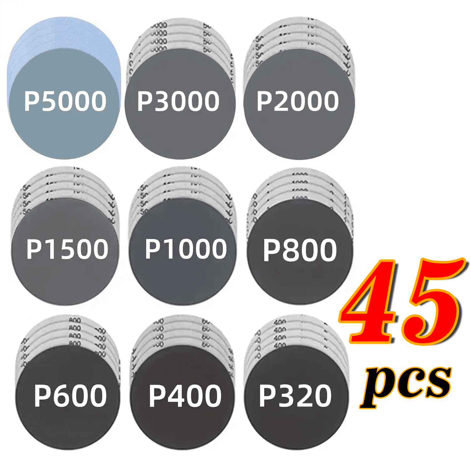 TEMU 45pcs Wet Sanding Sheets Set | 125mm Carbide Grit Sizes 320/400/600/800/1000/2000/3000/5000 For Angle Grinders And Drill Grinders, Fine Paper Backing For Automotive And Metal Finishing