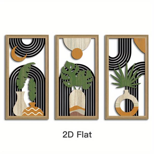 TEMU [2d Flat] Set Of 3 Boho-style 2d Flat Putuo Decor Featuring Hollow Wooden Crafts, Including Vases, Plants, And , Perfect For A Bohemian Touch To Your Home, Farmhouse, Living Room, Bedroom, Office