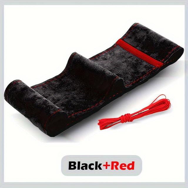 TEMU Universal Fit Synthetic Leather Steering Wheel Cover - Grip, Durable & Easy-clean Car Interior Accessory With Red Stitching, No Design For Driving