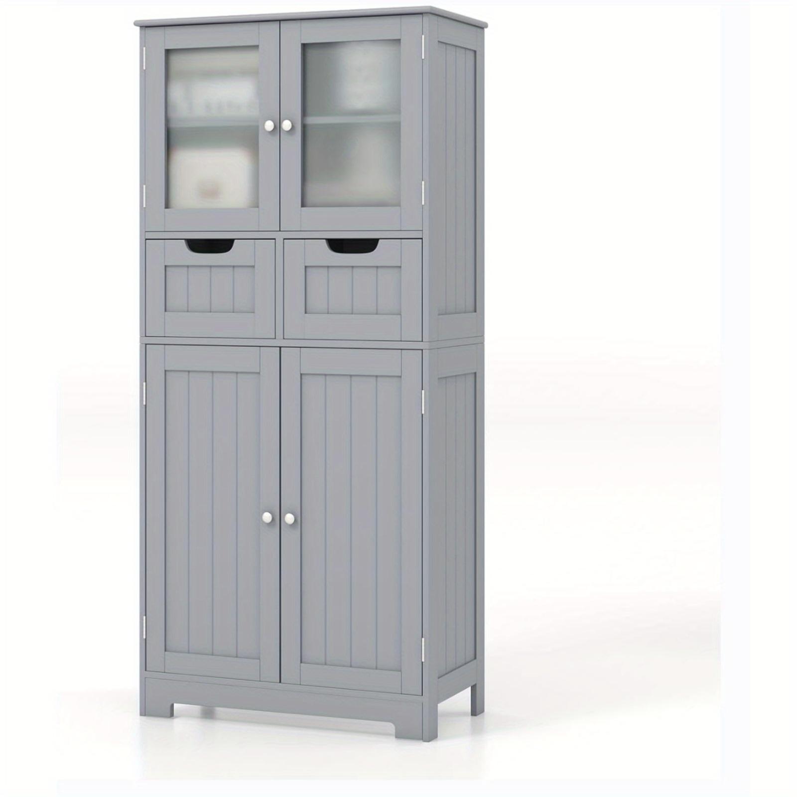TEMU Meuble de rangement de salle de bain autoportant avec portes, portes en verre, tiroirs et étagères réglables