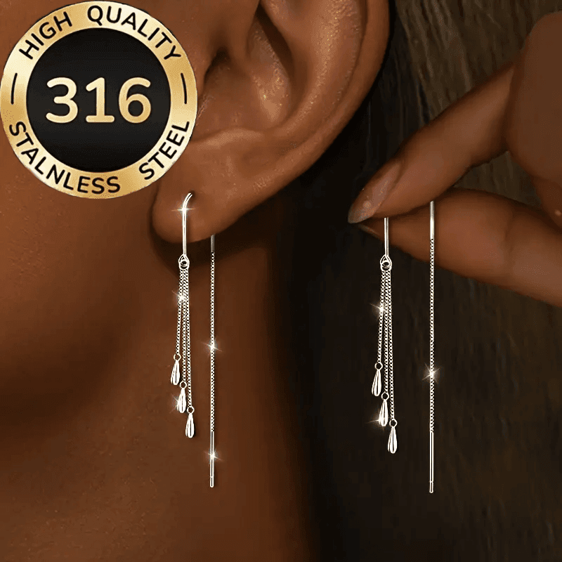 TEMU 1 Pair Of High-quality Steel Women's Tassel Earrings, Elegant Teardrop Design Hook Earrings, Stylish And Hypoallergenic, Suitable For Daily Wear