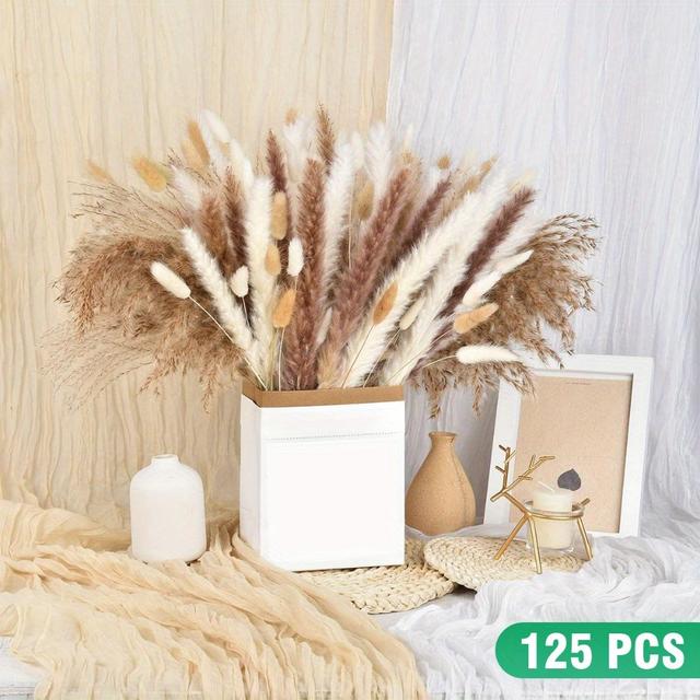 TEMU 125pcs bouquet d'herbe de séchée, queues de lapin fleurs séchées, décorations de table boho, herbe de marron, herbe de blanche pour , décoration maison et fêtes rustiques