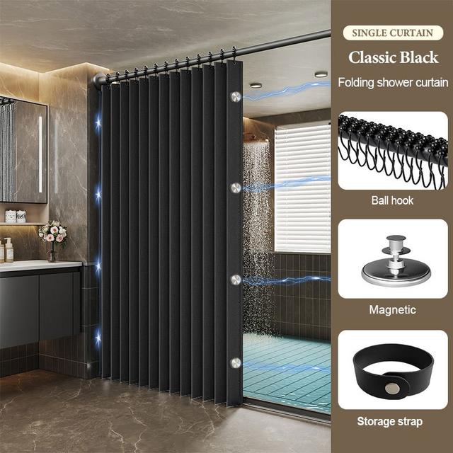 TEMU 1pc High-pressure Folding Shower Curtain - Heavy-duty Bath Screen With Storage Hooks, No-drill Installation, Dry-wet Partition For Privacy, Durable Suitable For Home & Bath Decor