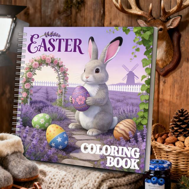 TEMU 1pc 20×20 Spiral Bound Easter Coloring Book | 24 Pages Thick Paper, Featuring Easter Bunny With Flower Basket, Imagination, Stress Relief & Relaxation, Ideal Gift For