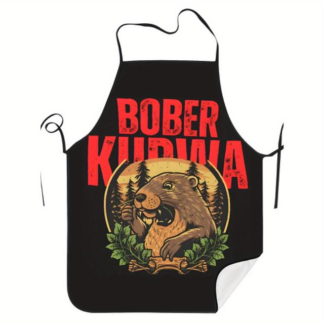 TEMU Ku Wa Vintage-style Adjustable Cooking Apron - 100% Polyester, Beaver Graphic Design, Black With Red & , Handwash/, Ideal For , Apron | Design | Durable Apron, Apron For Cooking