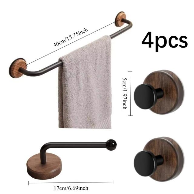 TEMU Juego de 4 piezas de herrajes para baño – Base de madera maciza con ganchos de acero al carbono y plástico-madera, montaje adhesivo (no requiere taladro) para toallas, batas y papel higiénico