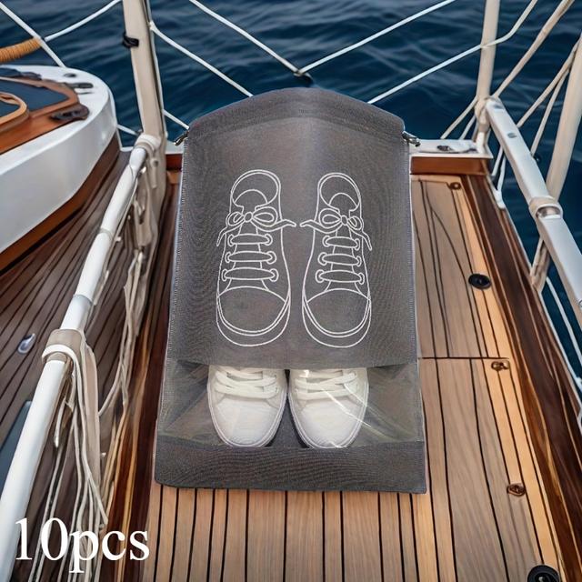 TEMU 10pcs Gray Non-woven Shoe Bags With Drawstring - Dustproof Storage For Travel & Home, Transparent Shoe Covers For Easy Identification, Ideal For Sneakers And Casual Shoes