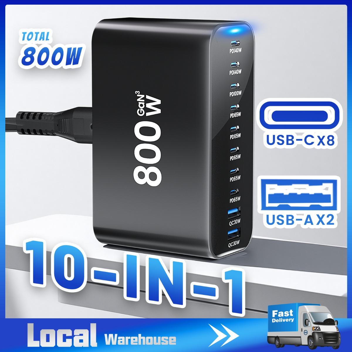 TEMU 800w Usb C Charger Station, Multi Port Fast Charging For Laptop Phone Tablet, Black