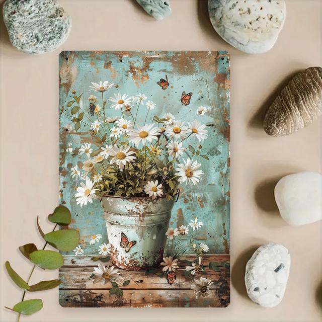 TEMU [1pc Vintage Floral Metal Sign] Vintage Floral Metal Sign, Daisy Potted Iron Wall Art, Rustic Country Style, 8x12 Inch, For Home, , Or Decor