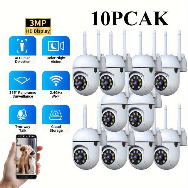 TEMU 10個セット AI防犯カメラシステム - フルHD 無線室内カメラ 360° スマート人感検知 カラー夜視機能 /microSD録画 USB即挿即用