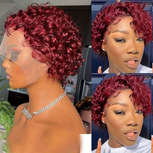 TEMU Looking Short Curly Cut Human Hair Wig With Hd 13x1 Frontal - Afro Curly/kinky Hair System For Women, For Volume, Stylistable & Dyable (red)