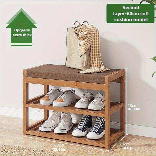 TEMU 1pc Bamboo Shoe Rack & Entryway Organizer - Multi-functional Storage Bench With Hanging Coat Hooks, Floor-standing Design For Bedroom, Living Room, Or Entryway, Shoe Storage Organizer