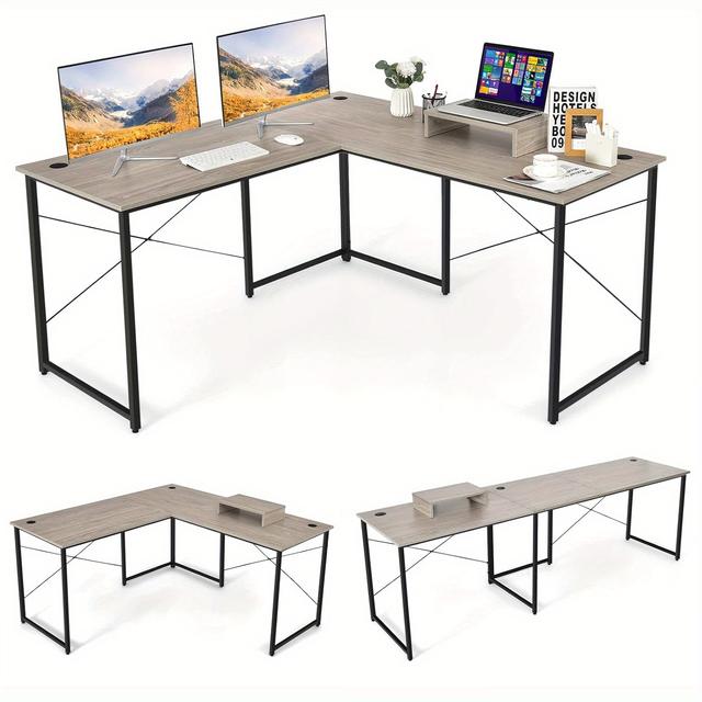 TEMU L-shaped Computer Desk W/ Monitor Stand, Reversible Corner Study Writing Desk W/ 3 Cable Holes, 2-person Long Workstation