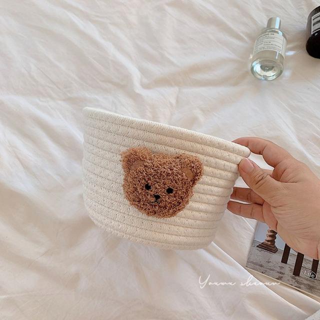 TEMU 1pc Cute Woven Rope Storage Basket With Plush - Desktop Organizer For Hair Accessories, Keys, And Small Items, Light Beige Color, Contemporary Style, Shelf Baskets