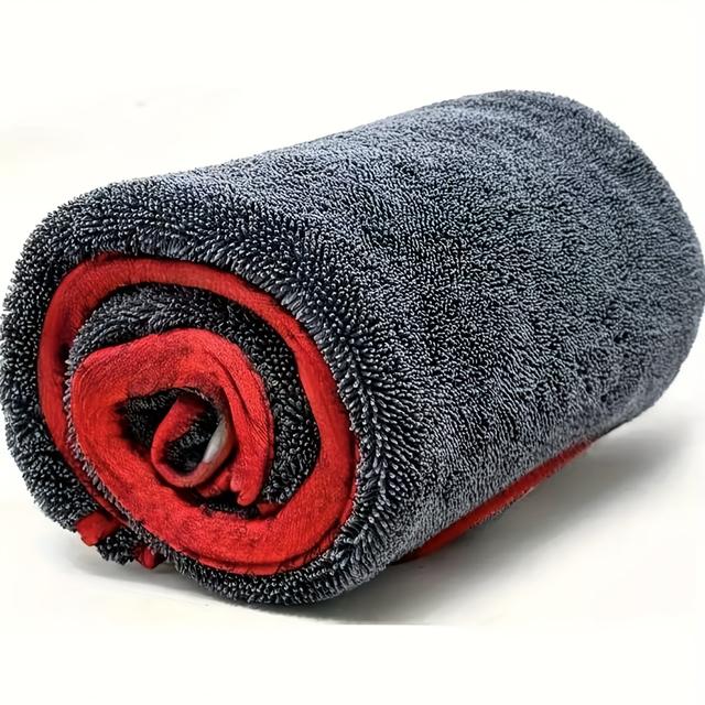 TEMU Bdlnkakk Xxl Extra Large Microfiber Car Drying Towel With Twist Ring - Heavy-duty Thickened High Absorbency Cloth Suitable For Cars, Trucks, Boats - Red & Gray Professional Auto Detailing Towel