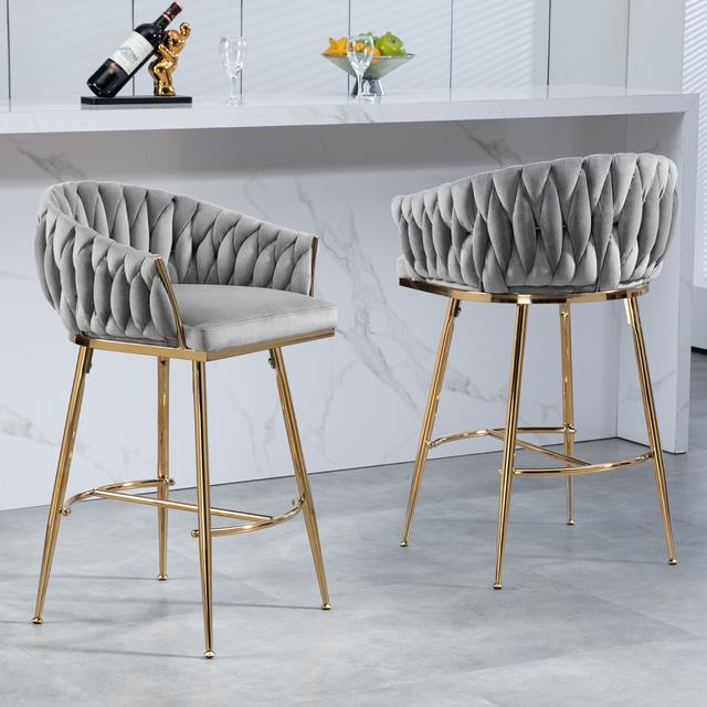 TEMU 26'' Counter Height Bar Stools Set Of 2, Velvet Kitchen Island Counter Bar Stool With Hand- , Golden Base And Foot Rest (grey)