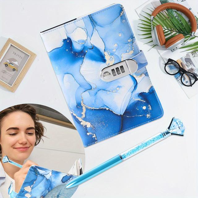 TEMU 1pc Diary With Lock, A5 Leather Journal With Lock 120 Sheets, Blue Password Locked Travel Notebook With Pen, Great For Birthday Gifts, Party