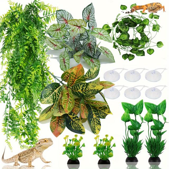 TEMU 14 Stück Künstliche Reptilienpflanzen: Glasbehälter mit Hängenden Blättern, Gecko-Tankzubehör, Mähnenlöwe Eidechse, Eidechse, Gecko und Chamäleon Dekorationen