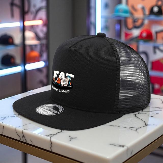 TEMU 1pc Fat Chords Logo Snapback - Black Mesh Baseball Hat With "fat Chords" Print, Lightweight Polyester, Machine Washable, Hip Hop Street Style For Summer, 8 Colors, Hip Hop Hat