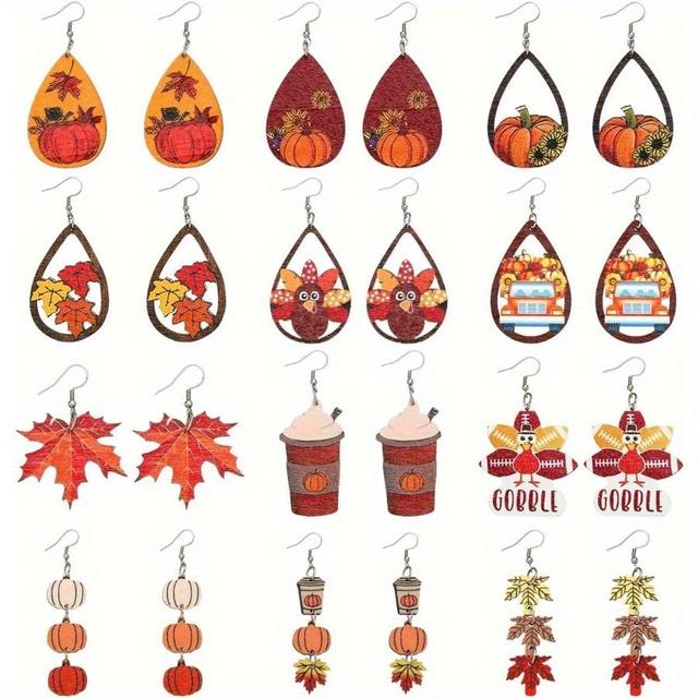 TEMU 24pcs Thanksgiving Fall Earrings Set For Women, Maple Leaf-turkey-pumpkin-sunflower Dangle, Wooden Thanksgiving Earrings Jewelry Gift Decor