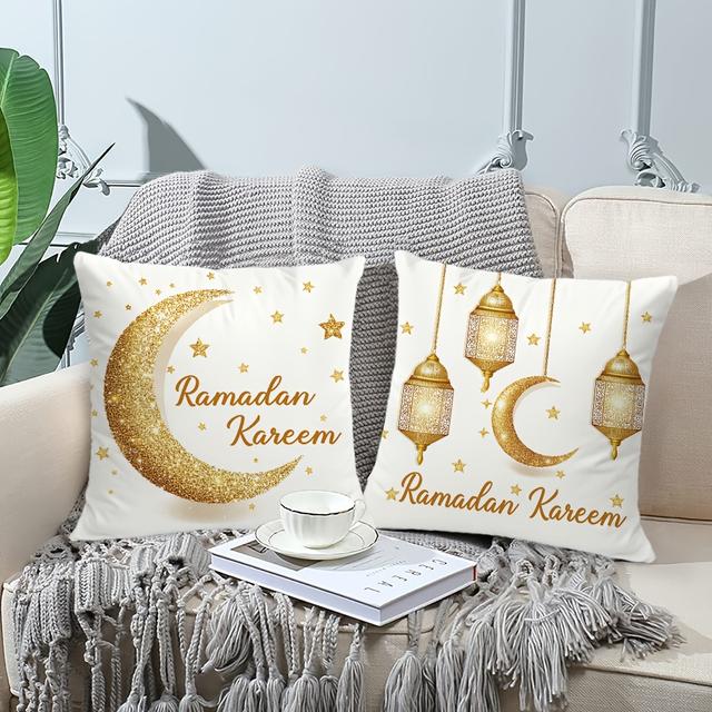TEMU Juego de 2 fundas de cojín decorativas de Ramadán Kareem: Diseños de dorada y farol, de cojín para sofá de , de cojín para decoración del hogar, de cojín de poliéster con cremallera (sin relleno)