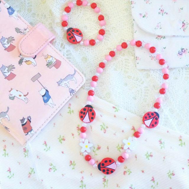 TEMU 2pcs Wooden Bead Necklace And Bracelet Set - -star Ladybug Flower Beads - Sweet And Elegant Accessories - Birthday Gift For A Little