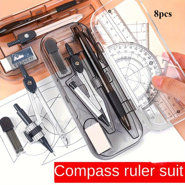 TEMU 8pcs Geometry Drawing Set With Storage Case - Heavy-duty Mechanical Pencil, Protractor, Ruler, Triangle Ruler,