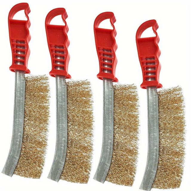 TEMU 2/4pcs Wire Brush Set For Rust Removal, Heavy-duty Brass Bristles With Plastic Handle, Suitable For Cars, Grills, Paint, Welding Residue, And Household Cleaning