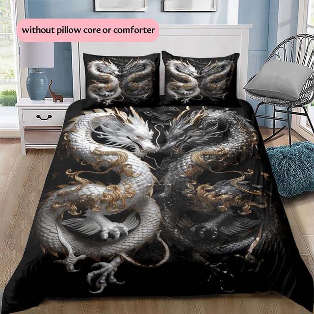 TEMU ชุดพิมพ์ศิลปะมังกรดำและมังกรขาวแบบสมมาตรสำหรับผ้าปูที่นอน ปลอกหมอน ตกแต่งรถ RV ตกแต่งคริสต์มาส ปลอกหมอนรถยนต์ ของขวัญคริสต์มาส ของขวัญวันเกิด (1 * ปลอกผ้านวม + 2 * ปลอกหมอน, ไม่รวมไส้)