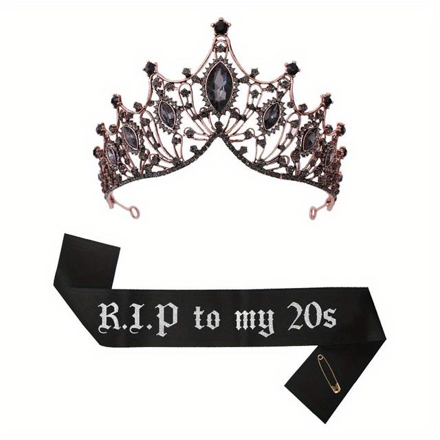 TEMU Set mit 2 dekorativen Gegenständen im Gothic-Stil mit einem dunklen Kronen-Haarschmuck, perfekt für eine "Ruhe in Frieden zu 20ern" Geburtstags-Verkleidungs-Party-Sachen