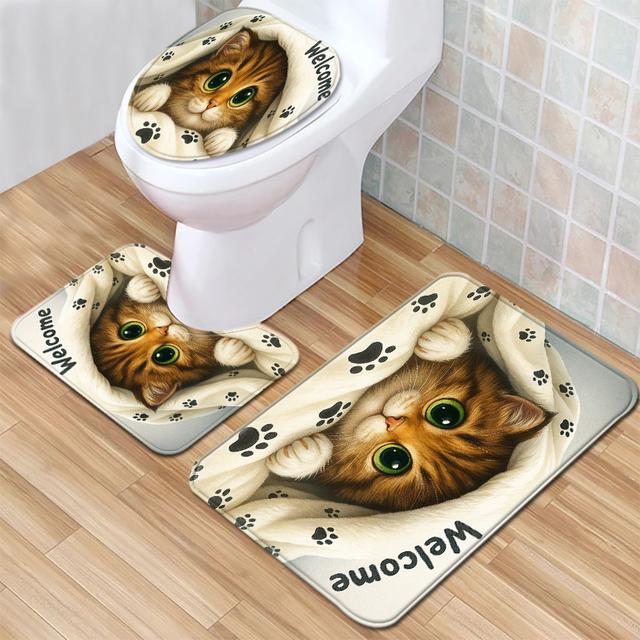 TEMU ชุดอุปกรณ์ห้องน้ำสำหรับแมว 1/3 ชิ้น, แผ่นรองพื้นห้องน้ำ, ฝาครอบฝักบัว, ชุดเสริมห้องน้ำ, พรมเช็ดเท้าทางเข้าบ้าน, พรมปูพื้นกันลื่นซับน้ำในห้องน้ำ