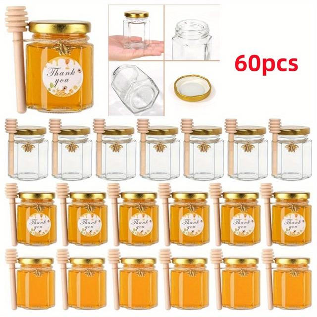 TEMU 96pcs Mini Glass Hexagon Jars Golden Lids, Bronze Bee Charms Honeybee Pendant, Honey Sticks, Jute Tag String, Wedding Favors, Baby Food