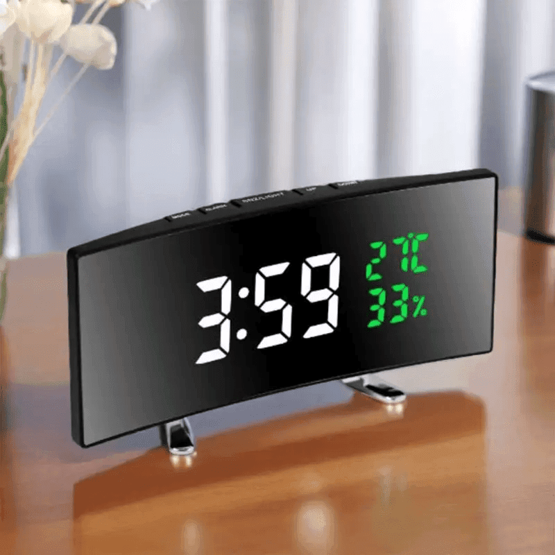TEMU 1pcled Curved Mirror Temperature And Humidity Display Digital Alarm Clock, 7-inch Curved Electronic Desk Clock, Monitor, Stylish Led Clock, Suitable For Room Office Decoration